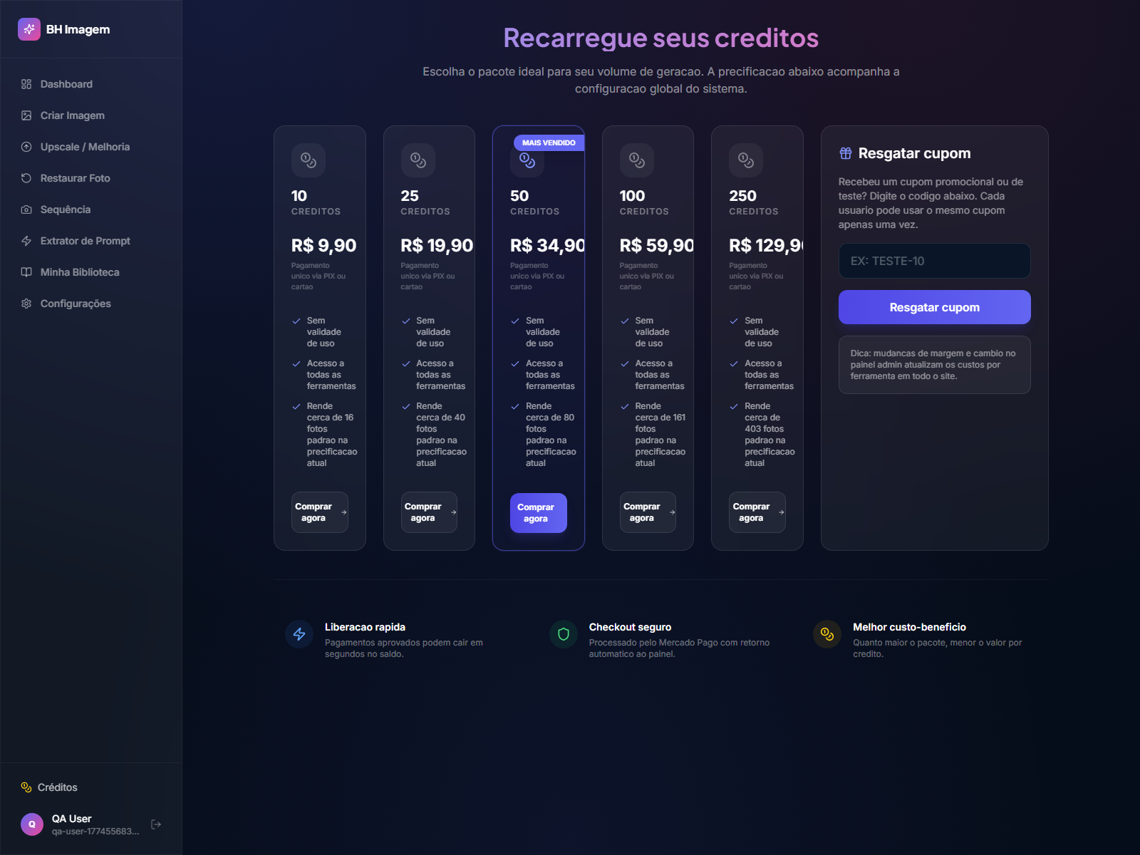 Tela de compra de creditos